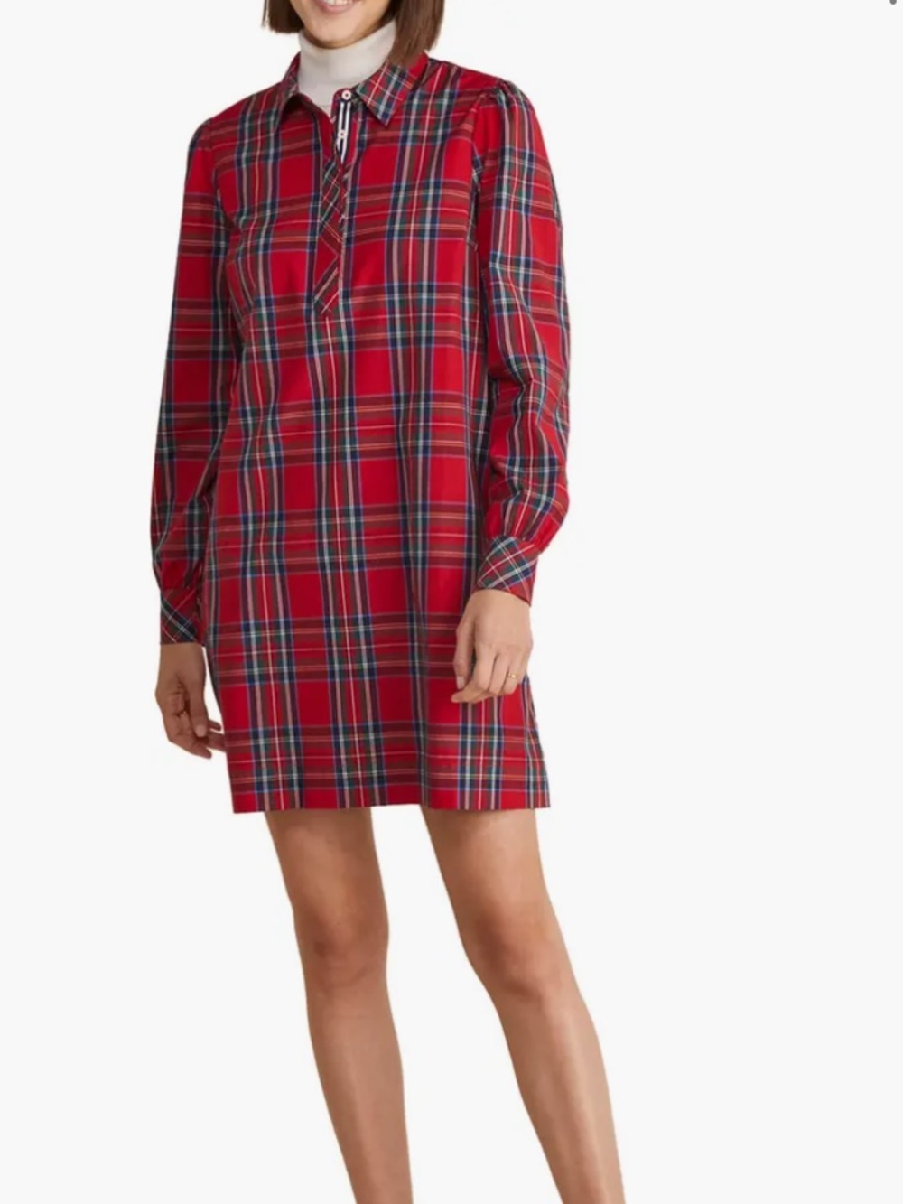 Vineyard Vines Red Plaid Long Sleeve Cotton Popover Mini Dress